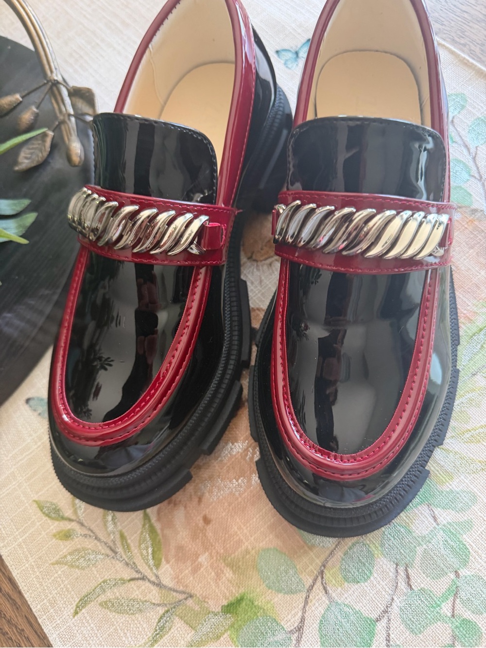 Patent-Look Black and Burgundy Chain Detail Women's Loafers
